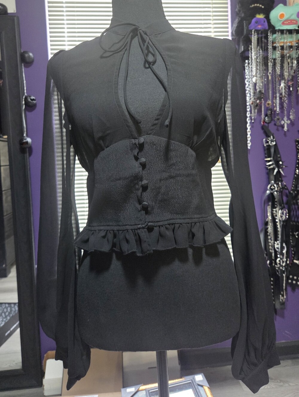 Dolls Kill Widow Natural Life Chiffon Top Goth Emo Victorian Black Long Sleeve